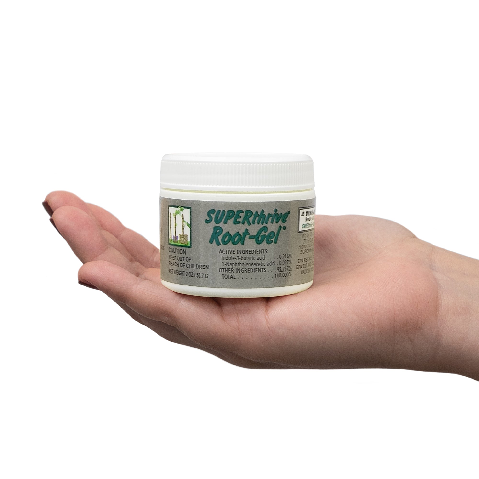 A bottle of SUPERthrive Root-Gel, a plant hormone gel, with a white label on the front.